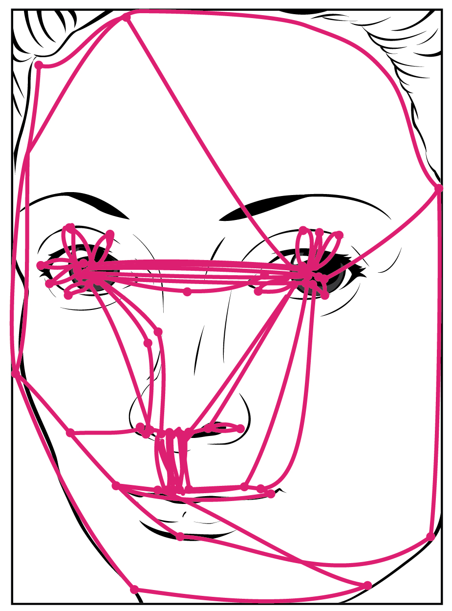 The left panel of this figure shows a painting of a woman’s face, and the right panel shows lines traced over the painting. These lines represent the shifts in the gaze of a person looking at another face.