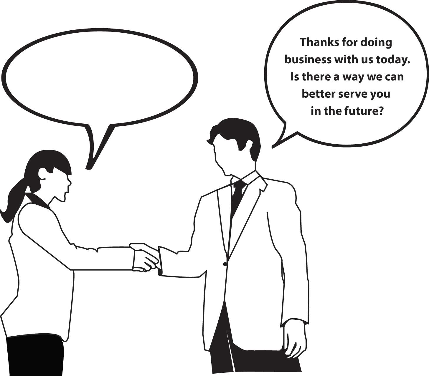 A cartoon of a man shaking a woman's hand saying