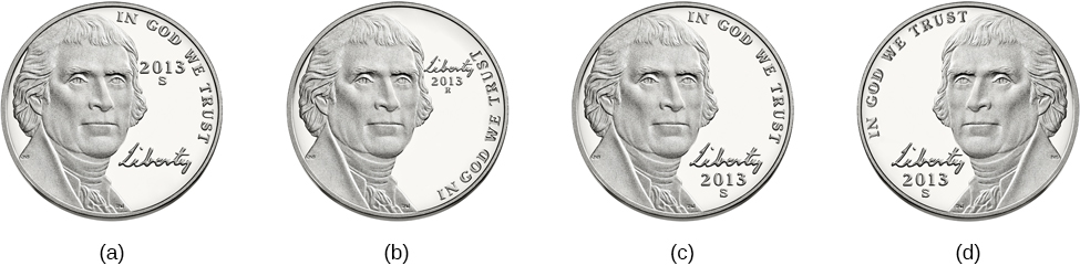 Four illustrations of nickels have minor differences in the placement and orientation of text.