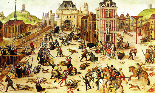 A painting shows French Catholic troops slaughtering French Protestant Calvinists in the streets of Paris.