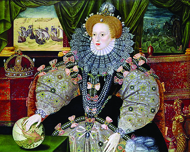 A portrait of Elizabeth I shows the queen in full regalia with her hand on a globe. Behind her, through the windows, scenes showing the defeat of the Spanish Armada are visible.