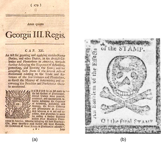 A left-hand image shows a newspaper publication of the Stamp Act, which contains an image of a revenue stamp. A right-hand image shows a skull and crossbones, bordered by the words “An Emblem of the Effects of the STAMP. O! the fatal STAMP.”