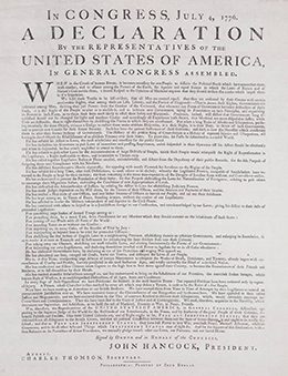 One of the Dunlap Broadsides is shown. It is headed, “In Congress, July 4, 1776, A Declaration By the Representatives of the United States of America, In General Congress Assembled.”