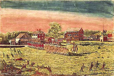 An engraving shows troop movements and fighting at the Battle of Lexington. In an open field with a few buildings in the background, British soldiers in red uniforms stand in lines; clouds of smoke show that some are firing muskets. An officer on horseback points; American soldiers run about the field in a less organized fashion.
