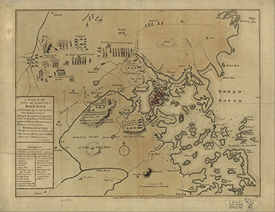 A 1779 map shows details of the British and Patriot troops at the beginning of the war, including British camps at Winter Hill, Roxbury Hill, and Water Town Hill.