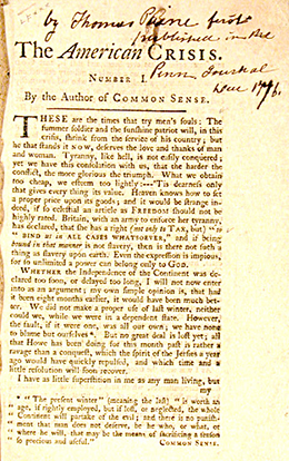 The first page of Thomas Paine’s The American Crisis is shown. It is subtitled “By the Author of COMMON SENSE.”