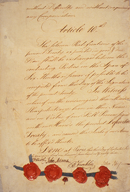 The final page of the Treaty of Paris is shown, bearing the signatures and seals of David Hartley, John Adams, Benjamin Franklin, and John Jay.