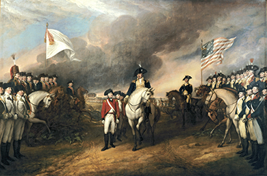 A painting depicts American general Benjamin Lincoln holding out his hand to receive the British general’s sword as he formally surrenders. General George Washington is in the background, mounted on horseback. British and American troops are lined up, at attention, on opposite sides of the field; the Americans stand under an American flag, while the British soldiers stand under a white flag.