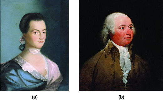 A portrait of Abigail Adams is shown in image (a). Her hair is tied back in a simple style and she wears a silk gown and a pearl choker. Her husband, John Adams, is shown in image (b). He has powdered hair and wears a brown, high-collared coat and a cravat.