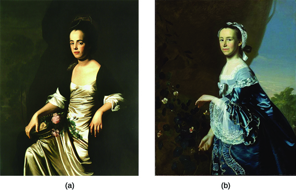 Painting (a) is a portrait of Judith Sargent Murray. Painting (b) is a portrait of Mercy Otis Warren. Both women wear silk dresses and pose with flowers.