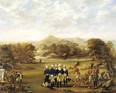 A painting depicts a small group of uniformed Americans negotiating with several Indians in native dress. The Indian who speaks to the Americans bends slightly and gestures with his hands, with his compatriots standing behind him; the Americans, who stand straight-backed in a tight, impenetrable group, appear unmoved.