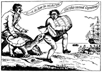 A cartoon shows a snapping turtle, who holds a shipping license, biting a smuggler in the act of sneaking a barrel of sugar to a British ship. The smuggler cries, “Oh, this cursed Ograbme!” His companion cries “D—n it. how he nicks ‘em!”