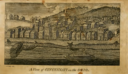 An engraving presents a view of early nineteenth-century Cincinnati from across the Ohio River.