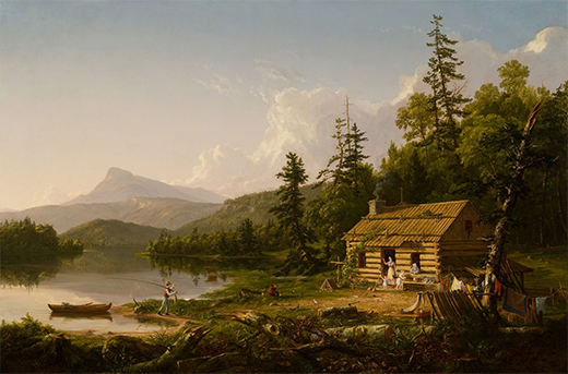 A painting depicts a log cabin in the woods. A woman stands in the doorway of the house, surrounded by children. A man returns from fishing in the body of water beside the house, where a small boat is docked. Laundry hangs from the trees.