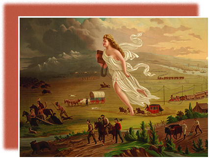 A painting shows a white woman in flowing white robes flying westward, high over the American frontier. Where she has been, the scenery is bright; where she has yet to go, it remains dim. She hangs telegraph wire with one hand and holds a book in the other. Beneath her, farmers and other pioneers travel on foot and by covered wagon; trains and ships are visible in the distance. To the extreme west of the image, Indians and buffalo flee, driven further and further by the onslaught.
