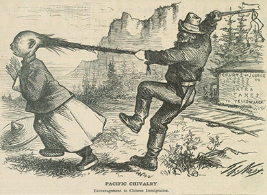 An illustration captioned “Pacific Chivalry. Encouragement to Chinese Immigration” depicts a white man, whose hat is labeled “California,” preparing to whip a Chinese man; he holds the man by his queue as the man attempts to flee, his characteristic hat having fallen beside him. Beside the railroad tracks running past the pair, a sign reads “Courts of Justice Closed to Chinese. Extra Taxes to ‘Yellow Jack.’” The Pacific landscape is visible in the background.
