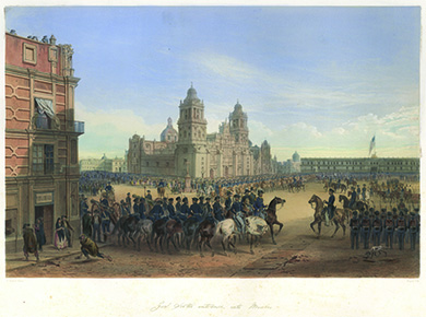 A painting depicts General Winfield Scott on a white horse leading troops into Mexico City’s Plaza de la Constitución as anxious residents of the city look on. One woman peers furtively from behind the curtain of an upstairs window. On the left, a man bends down to pick up a paving stone to throw at the invaders.