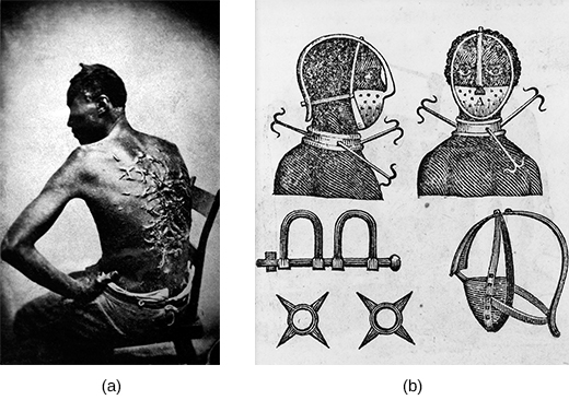 Photograph (a) shows a seated slave’s bare back, which is completely covered by raised scars. Drawing (b) depicts an iron mask, collar, leg shackles, and spurs; front and side views of a slave wearing the collar and mask are shown.