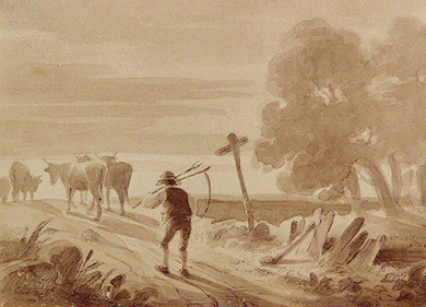 A painting shows a yeoman farmer, carrying a scythe, as he follows a few cattle down the road.