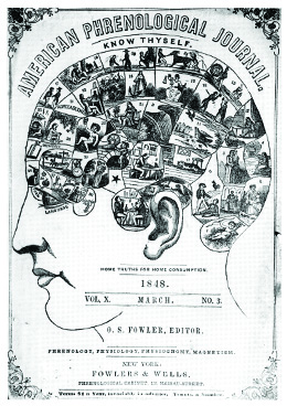 The March 1848 cover of the American Phrenological Journal depicts a human head; the brain region contains a series of vignettes showing the various faculties of the mind.