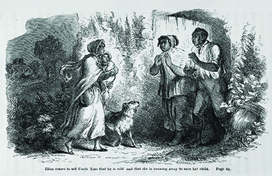 An illustration from Uncle Tom’s Cabin depicts a young slave woman, who is disguised with scarves and holding a small child, speaking with an older slave couple under cover of night. The caption reads “Eliza comes to tell Uncle Tom that he is sold, and that she is running away to save her child.”
