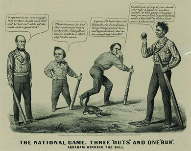 A cartoon titled “The national game. Three ‘outs’ and one ‘run’” depicts a baseball game in which Lincoln has defeated John Bell, Stephen A. Douglas, and John C. Breckinridge. Lincoln, with his foot on “Home Base,” says, “Gentlemen, if any of you should ever take a hand in another match at this game, remember that you must have a good bat and strike a fair ball to make a clean score and a home run.’“ Lincoln’s bat is a wooden rail labeled “Equal Rights and Free Territory,” and his belt is labeled “Wide Awake Club.” A skunk raises its tail at the other candidates. Breckinridge holds his nose and declares “I guess I’d better leave for Kentucky, for I smell something strong around here, and begin to think, that we are completely skunk’d.’” Breckinridge’s bat is labeled “Slavery Extension,” and his belt is labeled “Disunion Club.” John Bell says, “It appears to me very singular that we three should strike foul and be put out while old Abe made such a good lick.” Bell’s belt is labeled “Union Club,” and his bat is labeled “Fusion.” Douglas, who holds a bat labeled “Non Intervention,” replies, “That’s because he had that confounded rail, to strike with, I thought our fusion would be a short stop to his career.”