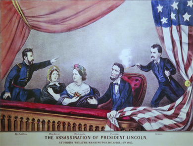 An illustration shows John Wilkes Booth shooting Lincoln in the back of the head as he sits in the theater box with his wife, Mary Todd Lincoln, and their guests, Major Henry R. Rathbone and Clara Harris. Rathbone stands and points at Booth as the women look on in horror.