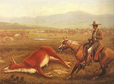 A painting shows a Mexican vaquero mounted on a horse in front of a large dead animal, which he has lassoed with a rope.