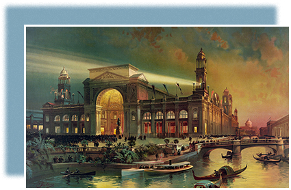 A painting shows the Electrical Building at the Chicago World’s Fair. The building, set on a waterway through which small boats and gondolas glide, is brightly illuminated against a backdrop of the night sky.