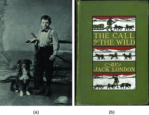 Photograph (a) shows a young Jack London standing beside his dog. Photograph (b) shows an early cover of London’s Call of the Wild. In the cover illustration, dogs pull a sled through the snow, overseen by a driver.