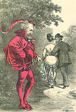 A cartoon shows Roscoe Conkling dressed as the devil, while Hayes walks off with his arm around a woman’s waist. The caption reads: “Unto that Power he doth belong Which only doeth Right while ever willing Wrong.”