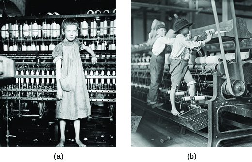 Photograph (a) shows a thin, shabbily dressed, barefoot girl standing in front of a large spinning machine. Photograph (b) shows two small boys standing on a spinning machine; one is barefoot.