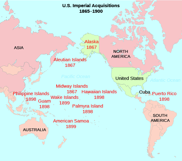 A map shows American imperial acquisitions as of the end of the Spanish-American War in 1898. Labeled on the map are Alaska (1867), the Aleutian Islands (1867), the Philippine Islands (1898), Guam (1898), the Midway Islands (1867), the Wake Islands (1899), American Samoa (1899), Palmyra Island (1898), the Hawaiian Islands (1898), and Puerto Rico (1898).