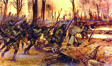 An illustration depicts the 369th Infantry charging the Germans in the woods.