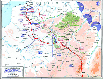 A map shows the western front at the end of the war, as the Allied Forces decisively break the German line.
