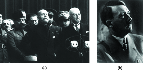 Photograph (a) shows Benito Mussolini surrounded by officials. Photograph (b) is a portrait of Adolf Hitler.