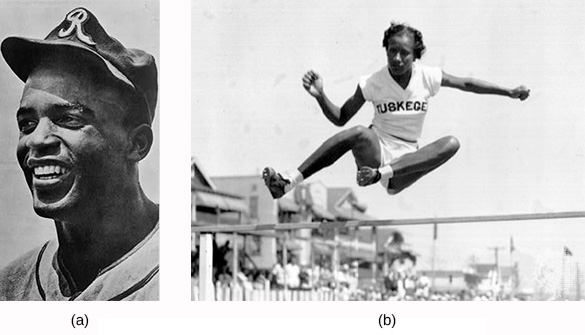 Photograph (a) shows Jackie Robinson posing in his baseball uniform. Photograph (b) shows Alice Coachman completing a high jump, wearing a shirt that reads “Tuskegee.”