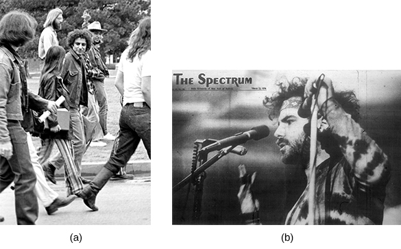 Photograph (a) shows Abbie Hoffman and several others protesting at the University of Oklahoma. Photograph (b) shows Jerry Rubin speaking into a microphone.