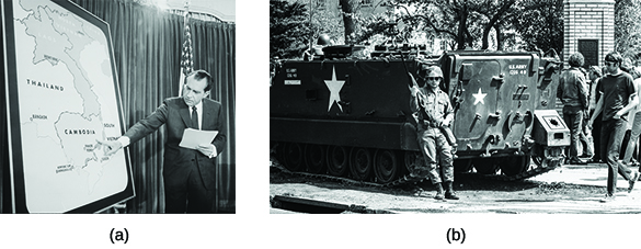 Photograph (a) shows Richard Nixon speaking on a stage beside a large map of Southeast Asia; he points to Cambodia with one hand. Photograph (b) shows a National Guard tank at Kent State University. A uniformed National Guardsman stands in front of the tank, holding a rifle; several students are visible in the background.