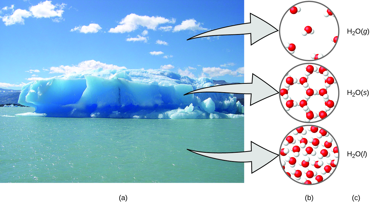 Figure A shows a photo of an iceberg floating in a sea has three arrows. Each arrow points to figure B, which contains three diagrams showing how the water molecules are organized in the air, ice, and sea. In the air, which contains the gaseous form of water, H subscript 2 O gas, the water molecules are disconnected and widely spaced. In the ice, which is the solid form of water, H subscript 2 O solid, the water molecules are bonded together into rings, with each ring containing six water molecules. Three of these rings are connected to each other. In the sea, which is the liquid form of water, H subscript 2 O liquid, the water molecules are very densely packed. The molecules are not bonded together.
