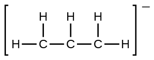 A Lewis structure shows a carbon atom single bonded to two hydrogen atoms and a second carbon atom. The second carbon atom is single bonded to a hydrogen atom and a third carbon atom. The third carbon atom is single bonded to two hydrogen atoms. The whole structure is surrounded by brackets, and there is a superscripted negative sign.