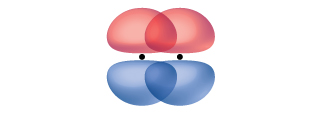 Two peanut-shaped orbitals are shown, lying vertically and parallel with one another. They overlap one another along the top and bottom of the orbital.