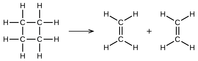 In this figure, structural formulas are used to illustrate a chemical reaction. On the left, a structural formula for cyclobutane is shown. This structure is composed of 4 C atoms connected with single bonds in a square shape. Each C atom is bonded to two other C atoms in the structure, leaving two bonds for H atoms pointing outward above, below, left, and right. An arrow points right to two identical ethane molecules with a plus symbol between them. Each of these molecules contains two C atoms connected with a double bond oriented vertically between them. The C atom at the top of these molecules has H atoms bonded above to the right and left. Similarly, the lower C atom has two H atoms bonded below to the right and left.
