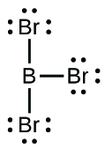 This Lewis structure is composed of a boron atom single bonded to three bromine atoms, each of which has three lone pairs of electrons.