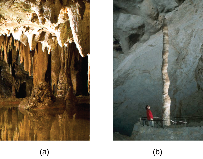 Two photographs are shown and labeled, “a” and “b.” Photo a shows stalactites clinging to the ceiling of a cave while photo b shows a stalagmite growing from the floor of a cave.