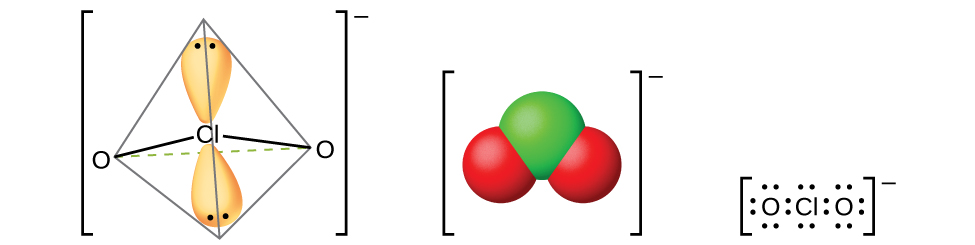 Three models of molecules are shown, each surrounded by brackets and each with a superscript negative sign outside the brackets. The left molecule shows a chlorine atom with two orbitals occupied by lone pairs of electrons. The chlorine atom is single bonded to two oxygen atoms, all of which are located at 109.5 degree angles from one another. The center molecule shows a space-filling model with a green atom labeled, “C l,” bonded to two red atoms labeled, “O.” The right molecule is a Lewis structure of a chlorine atom with two lone pairs of electrons surrounded by two oxygen atoms on either side, each with four lone pairs of electrons.