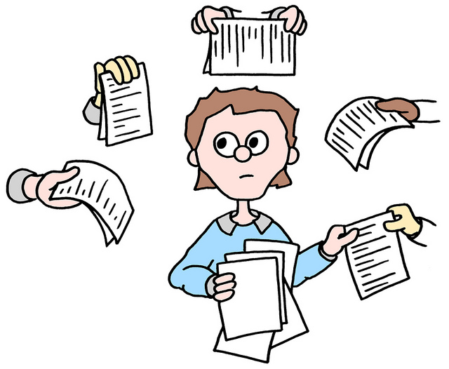 A cartoon of a man being handed a bunch of papers from 5 different people at the same time