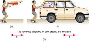 (a) A basketball player pushes the ball with the force shown by a vector F toward the right and an acceleration a-one represented by an arrow toward the right. M sub one is the mass of the ball. (b) The same basketball player is pushing a car with the same force, represented by the vector F towards the right, resulting in an acceleration shown by a vector a toward the right. The mass of the car is m sub two. The acceleration in the second case, a sub two, is represented by a shorter arrow than in the first case, a sub one.