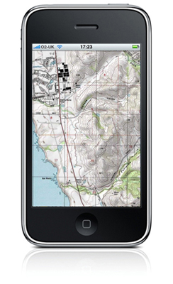 A topographical map of a location is shown on an iPhone with some information about the location using the G P S system.