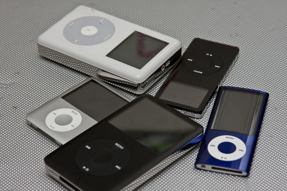 A group of five different iPods.
